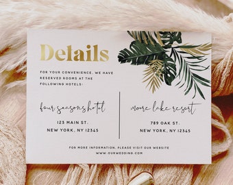 Tropical Greenery Details Card Template, Monstera Wedding, Accommodations Card Template, Printable Details Cards, Instant Download, TG1