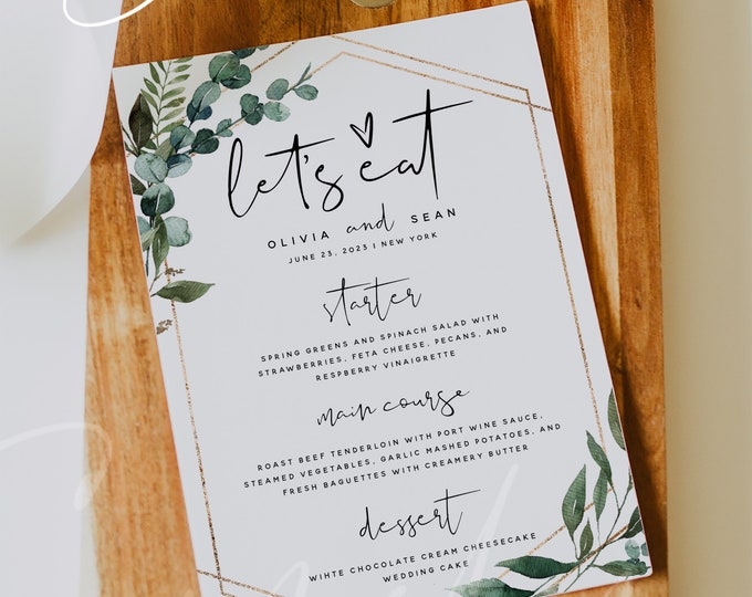 Greenery Wedding Menu Cards Template, Printable Greenery Menu Cards, DIY Editable Greenery Menu Card Template, Instant Download, Templett G5