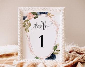 Wedding Table Number Sign, Navy Blush Wedding, Printable Template, Editable Text, Wedding Ceremony Template, Instant Download, Templett, F6