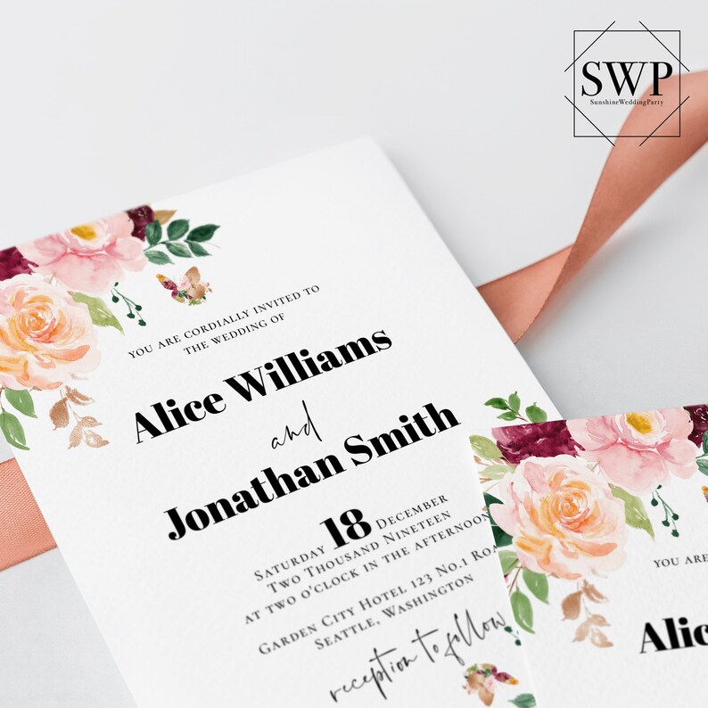 May include: Wedding invitation with a floral design. The invitation is for Alice Williams and Jonathan Smith, and the wedding is scheduled for December 18th at 2:00 PM at the Garden City Hotel in Seattle, Washington.