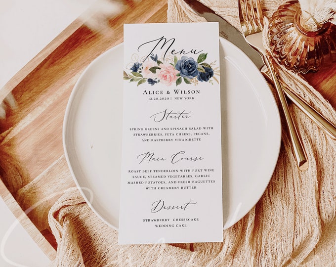 Navy & Blush Wedding Menu Template Printable Menu Editable Menu Wedding Menu Template Menu Template Floral Menu Templett Instant Download F6