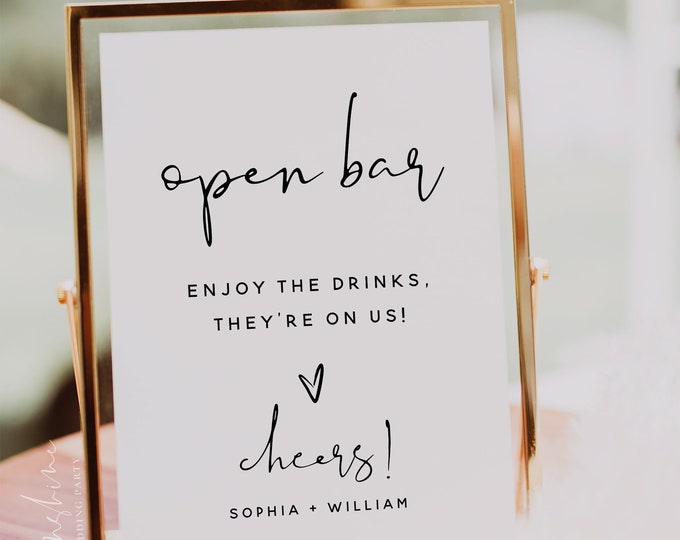 Minimalist Open Bar Sign, Modern Open Bar Sign, Wedding Open Bar Sign, Alcohol Drink Bar Sign, Editable Template, Instant Download, M8