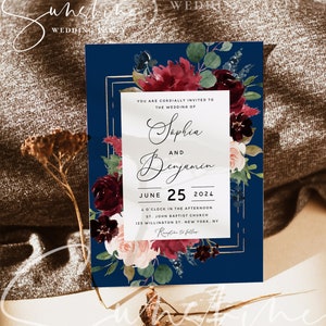 Navy Burgundy Wedding Invitation Template, Marsala Wedding Invitation Cards, Printable Invites, DIY Editable, Instant Download, Templett F17