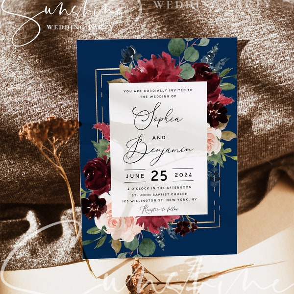 Navy and Burgundy Wedding Invitation - Etsy