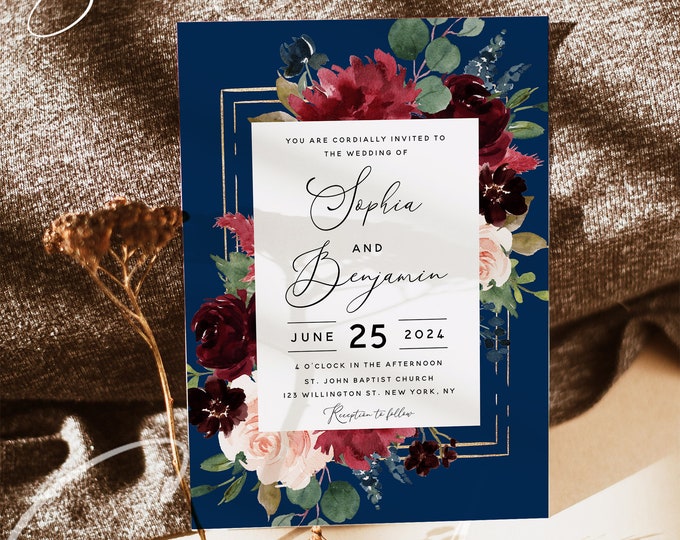 Navy Burgundy Wedding Invitation Template, Marsala Wedding Invitation Cards, Printable Invites, DIY Editable, Instant Download, Templett F17