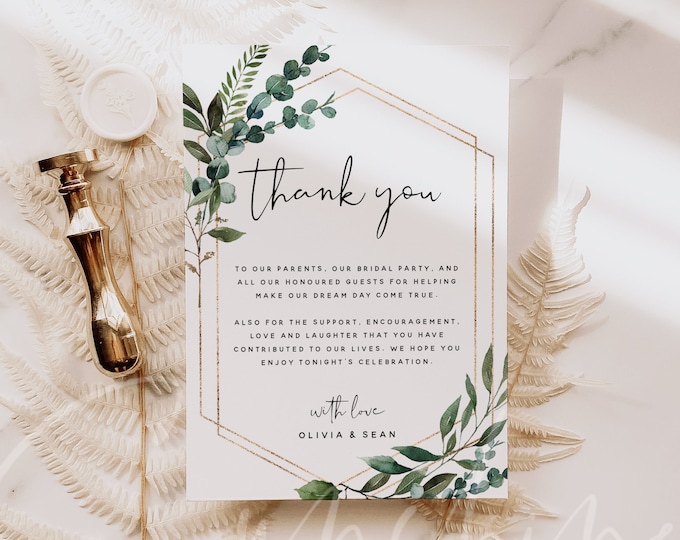 Thank You Cards Template, Greenery Wedding Thank You Letter, Editable Thank You Notes, Printable Wedding Thank You Card, Instant Download G5