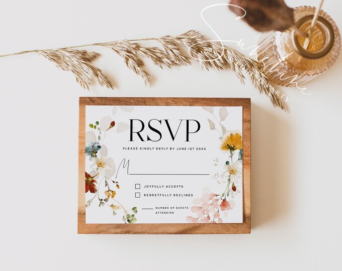 Wedding RSVP Card Template, Garden Flowers, Wedding Kindly Reply Card Template, RSVP Card Template, Bohemian Wedding, Instant Download, F16