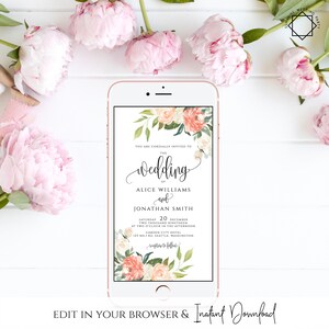 Könnte beinhalten: Eine digitale Hochzeitseinladung mit einem floralen Design in Rosa-, Pfirsich- und Grüntönen. Der Text lautet "Sie sind herzlich eingeladen zur Hochzeit von Alice Williams und Jonathan Smith, Samstag, 20. Dezember zweitausendneunzehn um 14:00 Uhr, Garden City Hotel 121 No.1 Rd. Seattle, Washington".