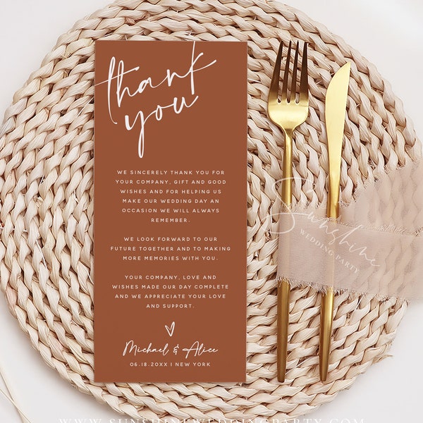 Terracotta Wedding Table Thank You Template, Thank You Napkin Note, Printable Thank You Card, Modern Minimalist, DIY, Instant Download, T1