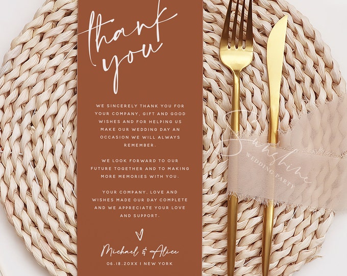 Terracotta Wedding Table Thank You Template, Thank You Napkin Note, Printable Thank You Card, Modern Minimalist, DIY, Instant Download, T1