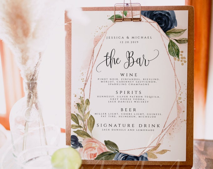 Navy & Blush Wedding Bar Menu Template Printable Bar Menu Editable Bar Menu Wedding Bar Menu Template Bar Menu Templett Instant Download F6