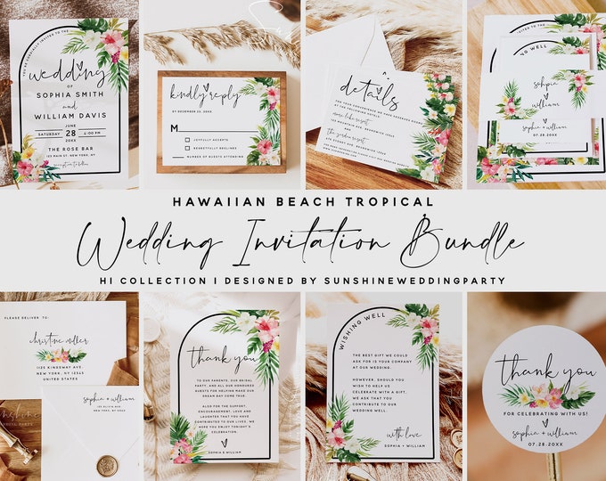 Hawaiian Wedding Invitation Bundle, Wedding Invitation Kit, Wedding Invite Suite, Wedding Invite Set, Beach Wedding, Editable Template, H1