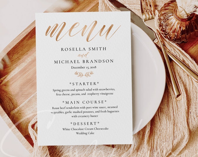 Gold Foil Wedding Menu Template Printable Fashion Script Font Wedding Menu Template 5x7 Online Editable Instant Download Digital Download