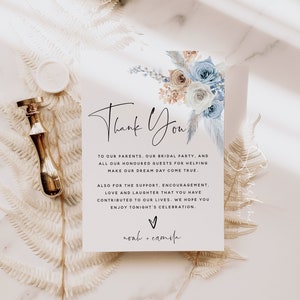 Plantilla de tarjeta de agradecimiento de boda con flores bohemias, champán azul polvoriento, carta de agradecimiento, nota de agradecimiento, tarjeta de agradecimiento, plantilla editable, F23