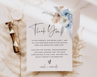 Boho Floral Wedding Thank You Cards Template, Dusty Blue Champagne, Thank You Letter, Thank You Note, Thank You Card, Editable Template, F23