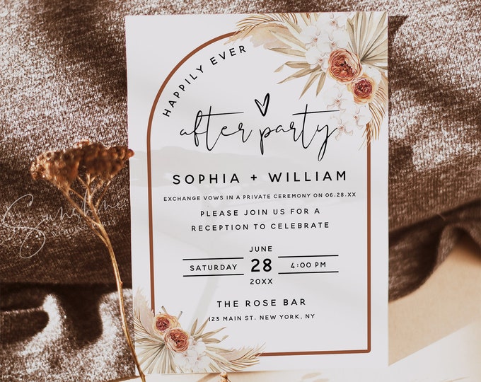 Terracotta Wedding Reception Invitation Template, Pampas Wedding, Reception Invitation Cards, Elopement Announcement Invitation, T4