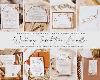 Terracotta Wedding Invitation Bundle, Pampas Grass, Invitation Template, Boho Floral Wedding Bundle, Invitation Suite, Editable Template, T4