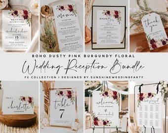 Wedding Reception Bundle Template: Boho Dusty Pink Burgundy Floral, Printable Reception Kit, Editable Template, Digital Download | F2
