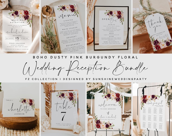 Wedding Reception Bundle Template: Boho Dusty Pink Burgundy Floral, Printable Reception Kit, Editable Template, Digital Download | F2
