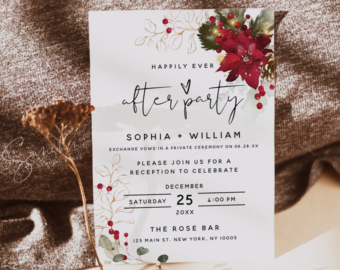 Christmas Wedding Reception Invitation Template, Winter Wedding, Reception Invitation Cards, Elopement Announcement Invitation, F25