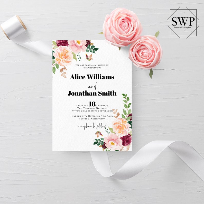 May include: A wedding invitation with a floral design featuring pink, peach, and burgundy flowers. The invitation reads "You are cordially invited to the wedding of Alice Williams and Jonathan Smith, Saturday 18 December Two Thousand Nineteen at Two o'clock in the afternoon, Garden City Hotel 123 No.1 Road Seattle, Washington, reception to follow."