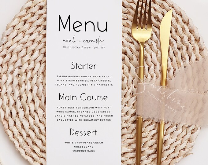 Minimalist Wedding Long Menu Cards Template, Modern Menu Cards, Editable Menu Template, Minimalist Wedding Menu Card, Instant Download, M16