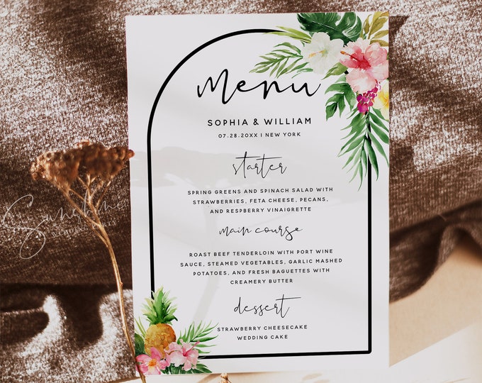 Hawaiian Beach Wedding Menu Card Template, Tropical Wedding, Editable Menu Cards Template, Printable Menu Signs, Instant Download, H1