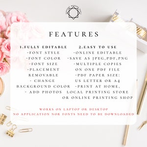 May include: A white background with text that reads "Sunshine Wedding Party" in a black starburst. The text "FEATURES" is in a large, bold font. Below the text are two columns of text describing the features of a fully editable wedding invitation template. The text reads: "1. Fully Editable - Font Style - Font Color - Font Size - Placement Removable Change Background Color - Add Photos" and "2. Easy to Use - Online Editable - Save as JPEG, PDF, PNG - Multiple Copies on One PDF File - PDF Paper Size: US Letter or A4 - Print at Home, Local Printing Store or Online Printing Shop". The text "Works on Laptop or Desktop" is in a larger font. The text "No application nor fonts need to be downloaded" is in a smaller font.