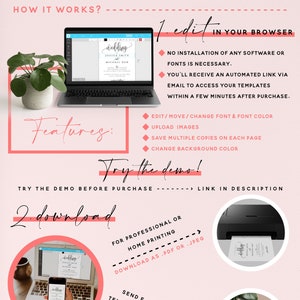 May include: A pink and white graphic with the text "Super easy to use Stationery Templates" and a description of how to edit and download wedding stationery templates. The graphic includes images of a laptop, a printer, and a smartphone.