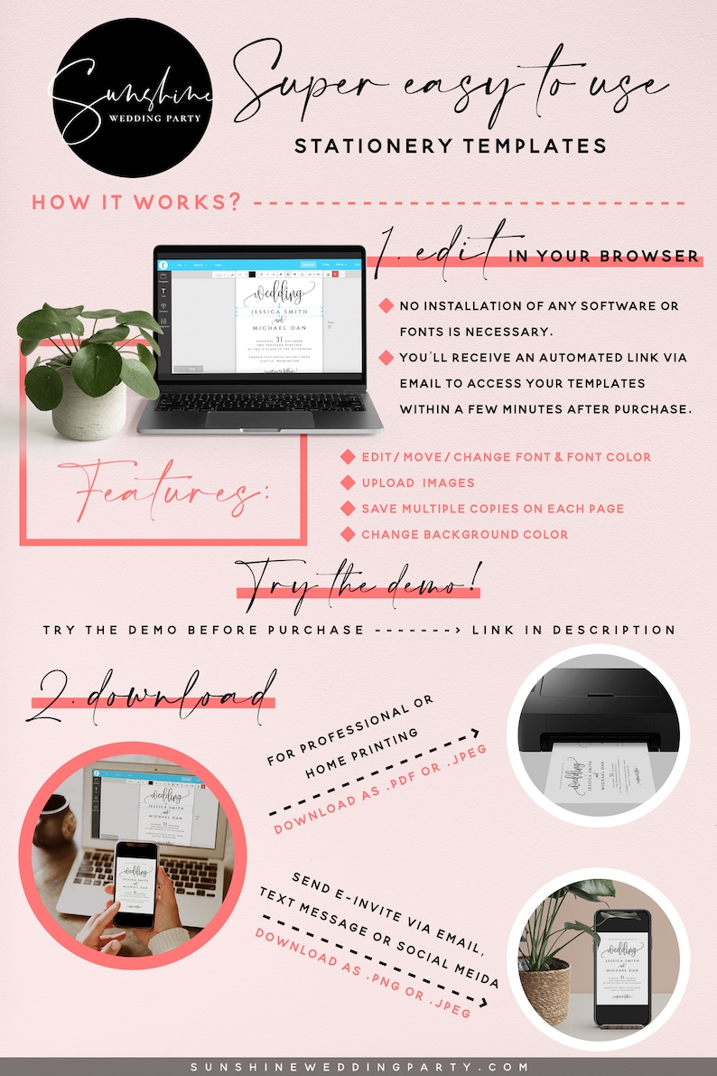 May include: A pink and white graphic with the text "Super easy to use Stationery Templates" and a description of how to edit and download wedding stationery templates. The graphic includes images of a laptop, a printer, and a smartphone.
