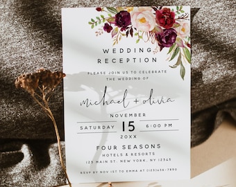 Wedding Reception Invitation Template: Boho Dusty Pink Burgundy Floral, Editable Template, Printable Invitation, Digital Download | F2