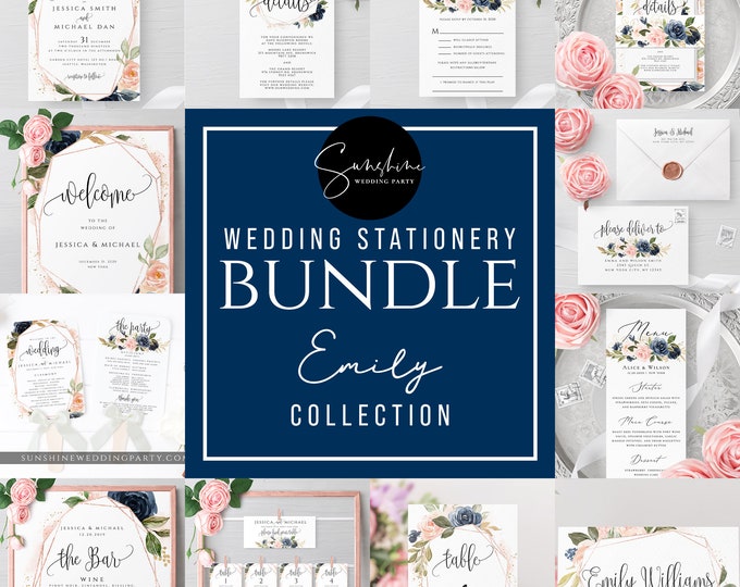 Wedding Bundle Templates, Navy Blush Floral, Wedding Stationery Template Bundle, Printable, Editable Text, Templett, Instant Download, F6