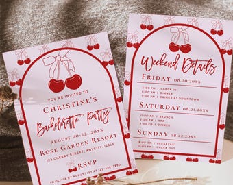 Cherry Bachelorette Party Invitation & Itinerary | Editable Bachelorette Weekend Template | Printable Girls Trip Invite | Instant Download
