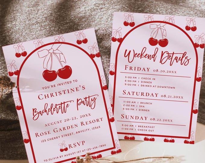 Cherry Bachelorette Party Invitation & Itinerary | Editable Bachelorette Weekend Template | Printable Girls Trip Invite | Instant Download
