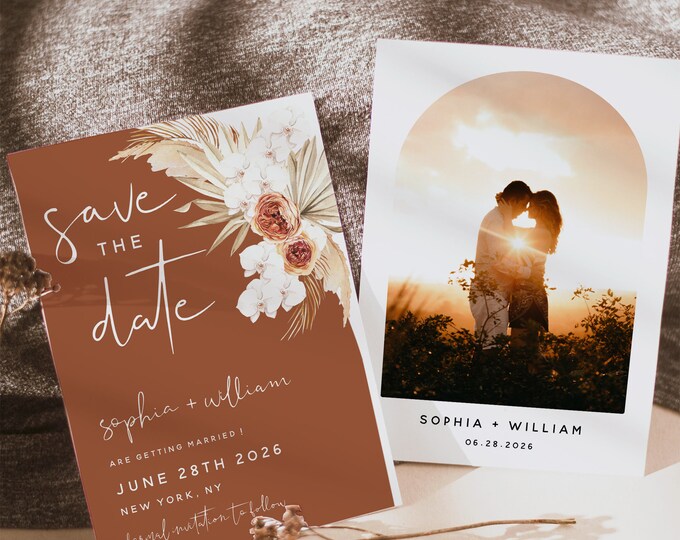 Pampas Terracotta Photo Save the Date Template, Modern Save the Date Template, Arch Save the Date Template, Boho Save the Date Cards, T4