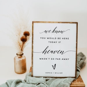 Peut inclure: Une pancarte dor&eacute;e avec un fond blanc et du texte noir qui dit "we know you would be here today if heaven wasn't so far away" avec un symbole de c&oelig;ur et les noms "Sophia + William".