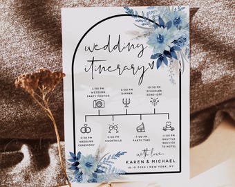 Dusty Blue Floral Wedding Itinerary Template, Winter Wedding, Timeline Cards, Order of Events, DIY Editable Template, Instant Download, F20