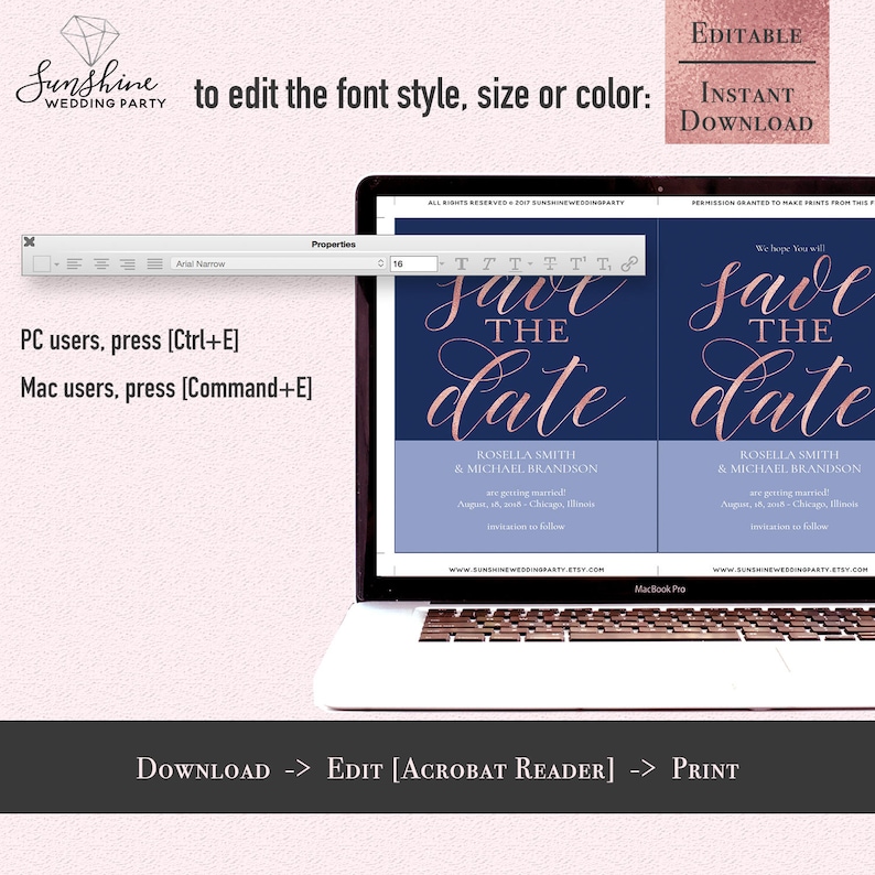 Navy Blue Rose Gold save THE date card Template 5x7 Printable Wedding save the date card Editable PDF Digital Download Instant Download