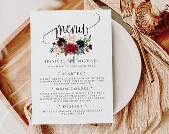 Marsala Burgundy Navy Wedding Menu Template Printable Menu Template Editable Wedding Menu Instant Download Templett Wedding Menu PDF JPEG F3