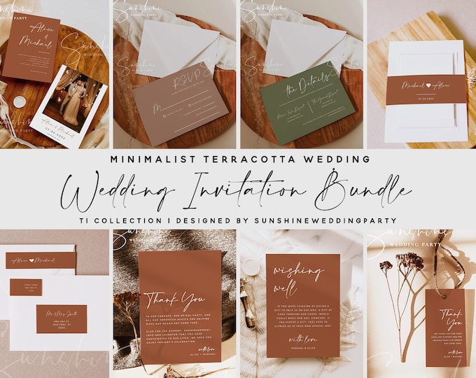 Terracotta Wedding Invitation Bundle, Modern Minimalist, Invitation Template, Wedding Bundle, Invitation Suite, DIY Editable Template, T1