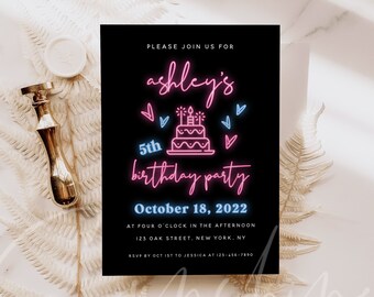 Neon Birthday Party Invitation Template, DIY Birthday Invitation Card, Editable Neon B-Day Invite Template, Instant Download, Templett, Neon