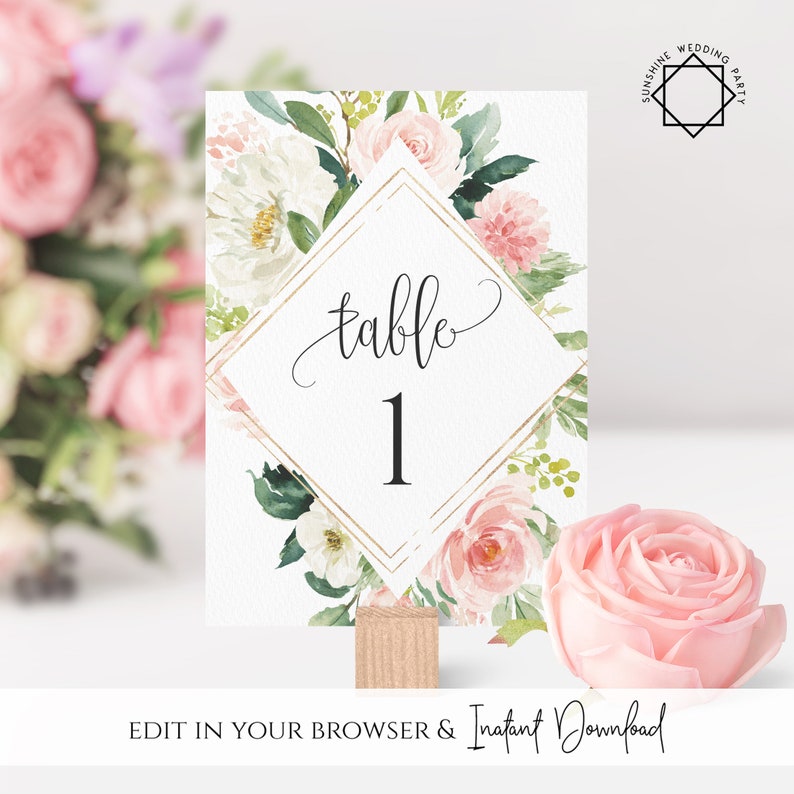 Blush White Floral Wedding Table Number Sign Template Printable Wedding Table Number Card Template Editable Instant Download Templett PDF F5 image 3