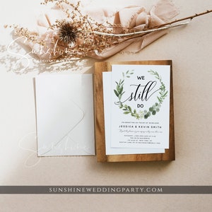 May include: A wedding invitation with a green floral wreath and the text "We Still Do" in black calligraphy. The invitation is for Jessica & Kevin Smith celebrating 30 years of marriage. The invitation includes the date, time, and location of the event.