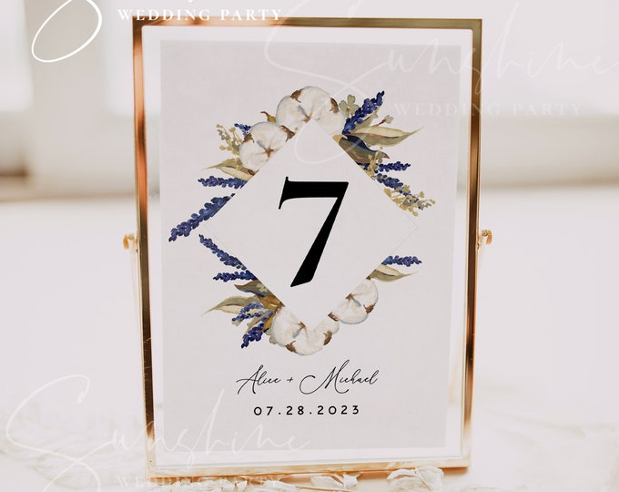 Lavender & Cotton Wedding Table Number Sign Template, Printable Wedding Table Number Card Template, Editable Instant Download, Templett, F14