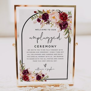 Unplugged Ceremony Sign Template, Bohemian Dusty Pink Burgundy Floral Wedding, Reception Unplugged Sign, No Cellphone No Camera Sign, F2