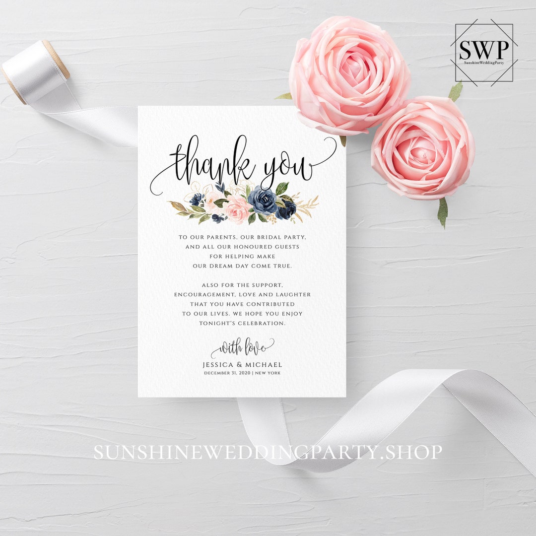 Navy & Blush Wedding Thank You Card Template Floral Wedding Thank You ...