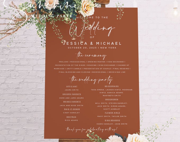 Terracotta Wedding Program Poster, Wedding Program Board Template Download, Editable Wedding Poster, Printable Ceremony Program, Templett T1