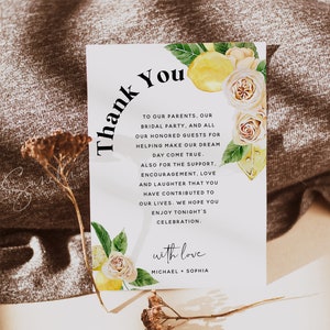 Plantilla de tarjeta de agradecimiento con flores blancas de limón, boda rústica bohemia, carta de agradecimiento, notas de agradecimiento, tarjetas de agradecimiento, plantilla editable, L1