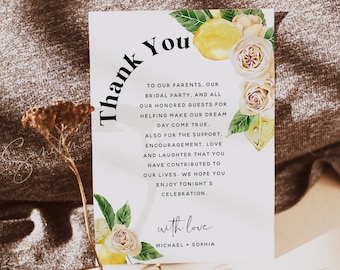 Lemon White Floral Thank You Cards Template, Boho Rustic Wedding, Thank You Letter, Thank You Notes, Thank You Cards, Editable Template, L1