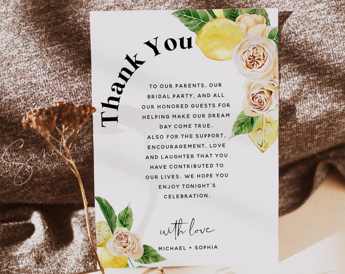 Lemon White Floral Thank You Cards Template, Boho Rustic Wedding, Thank You Letter, Thank You Notes, Thank You Cards, Editable Template, L1